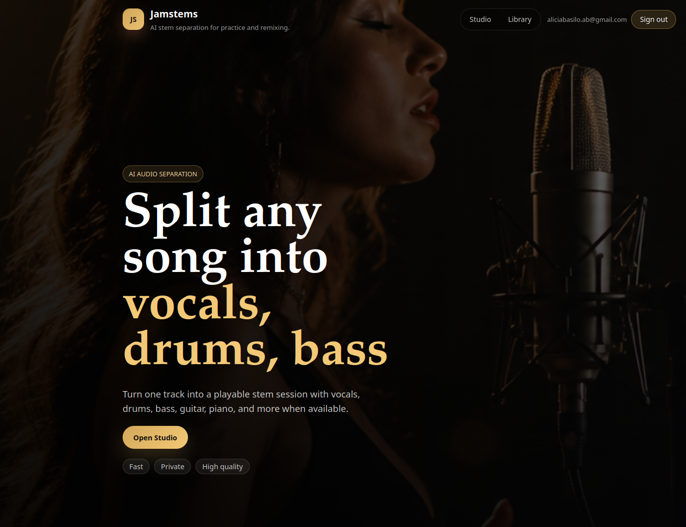 Jamstems landing page with signed-in user managed through Cognito